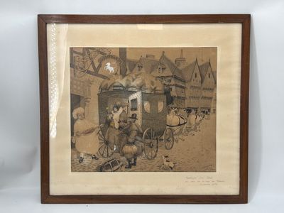 tableau représentant une calèche tirée par des chevaux, avec un homme à bord