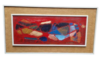 tableau représentant une œuvre abstraite rouge et bleue dans un cadre blanc