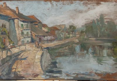 un tableau représentant un pont enjambant une rivière dans une ville