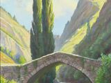an oil painting of a bridge over a river in the mountains