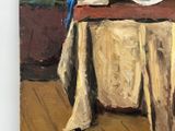 a painting of a blue bird sitting on a table next to a plate of food