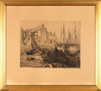une image représentant un dessin de bateaux dans un port, avec un bâtiment en arrière-plan