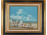 tableau représentant une scène de plage avec des personnes sur le sable et un bateau dans l'eau