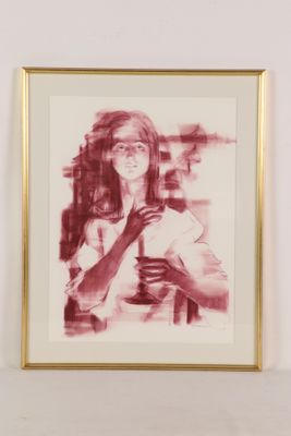 painting of a woman in a white shirt with a red tie