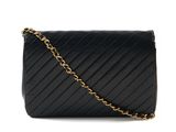 a black quilted bag with a gold chain strap