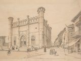 drawing of an old building with a clock tower in the middle of it
