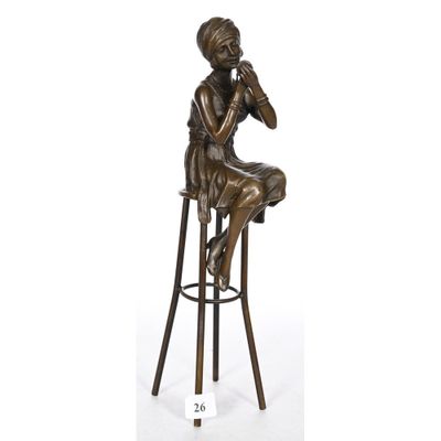 a bronze statue of a man sitting on a stool