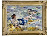 un tableau représentant deux femmes assises sur la plage, les pieds dans l'eau