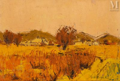 an image of a painting of a field with trees in the background