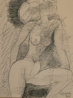 drawing of a woman sitting on a chair with a hat on her head