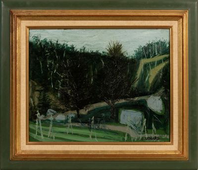 an oil painting of a field with a house and trees