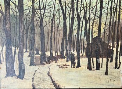 un tableau représentant un homme marchant dans une forêt enneigée