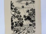 un dessin en noir et blanc représentant une scène de plage avec des palmiers