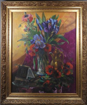 tableau représentant une nature morte composée de fleurs dans un vase en verre posé sur une table