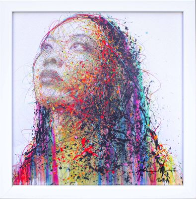 an image of a painting of a woman with colorful paint splatters on her face