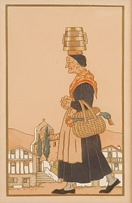 painting of a woman with a basket on her head and a bird in her hand