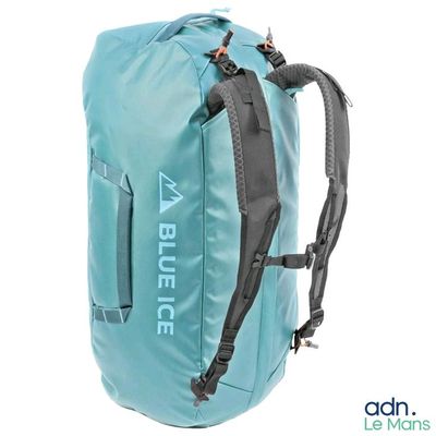 the back of a blue backpack with the words blue ice on it