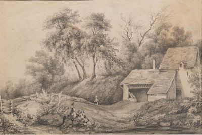 un vieux dessin représentant une ferme avec une maison en arrière-plan