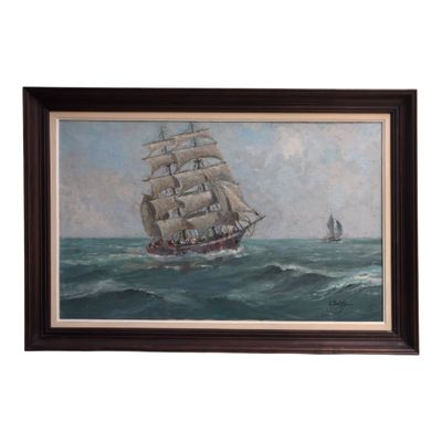 painting of a sailing ship in the ocean with a sailboat in the background