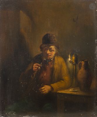 un vieux tableau représentant un homme assis à une table avec un verre de vin