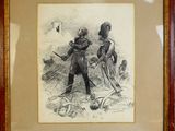 un vieux dessin représentant un homme et une femme dans un champ