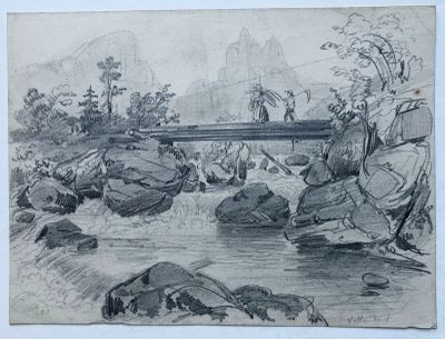 dessin au crayon représentant une rivière avec des rochers et un pont en arrière-plan