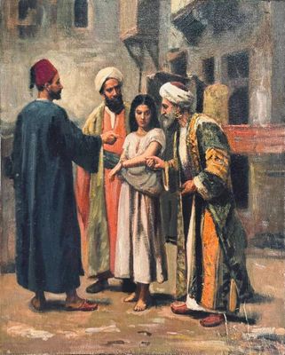 an oil painting of a group of people standing around a baby
