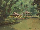 un tableau représentant une maison au bord de l'eau, dans la jungle