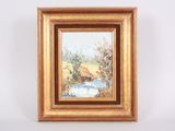 a painting of a deer standing in a field next to a stream