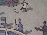 a painting of a group of people walking on the beach