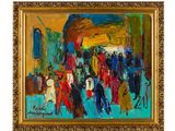 an oil painting of a group of people walking down a street