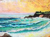 une peinture à l'huile représentant une scène de plage avec des vagues qui viennent s'écraser sur le rivage