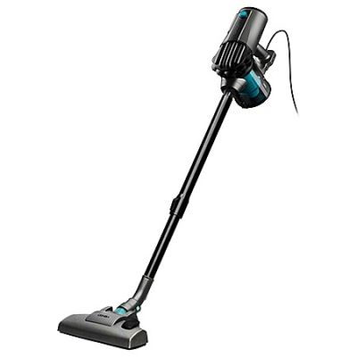 un aspirateur noir et bleu sur fond blanc