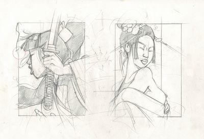 croquis représentant une femme vêtue d'un kimono et un homme vêtu d'un kimono