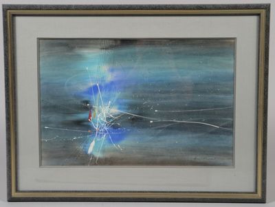 tableau représentant une peinture abstraite bleue et blanche, dans un cadre noir