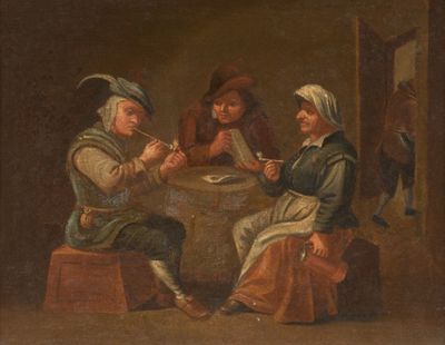 tableau représentant un groupe de personnes assises autour d'une table en train de jouer aux cartes