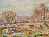 painting of a landscape with cows grazing in a field and trees