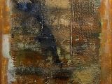 an abstract painting of a brown and blue square on a brown background