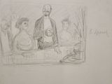 pencil drawing of a man and a woman sitting at a table