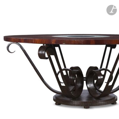 an image of a wooden table with metal legs and a glass top