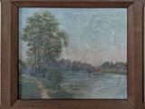 a picture of a painting of a river and trees