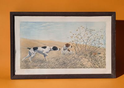 a painting of two dogs running through a field with a yellow wall behind them
