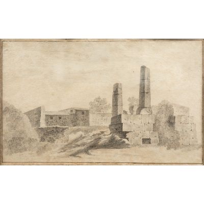 un vieux dessin représentant un bâtiment avec une tour en arrière-plan