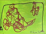 peinture représentant un dessin d’un homme à vélo avec un homme en scooter