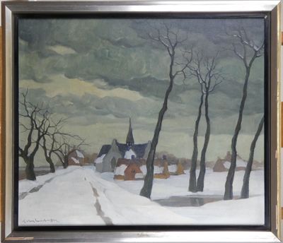 une photo d'un tableau représentant un village sous la neige