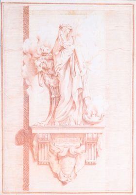 dessin représentant une statue de femme tenant un panier de fleurs
