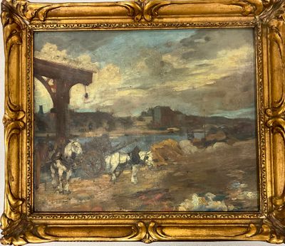 tableau représentant un tableau dans lequel figurent des chevaux et un homme sur une plage