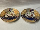 pair of antique japanese hand painted plates with gold and blue accents