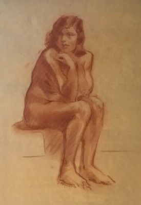drawing of a woman sitting on a bench with her legs crossed
