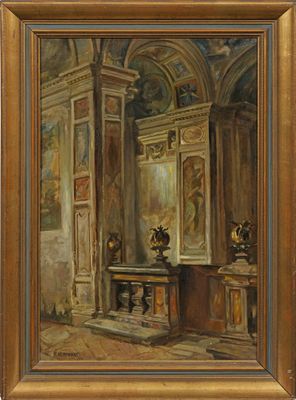an oil painting of a room with a fireplace and a painting on the wall
